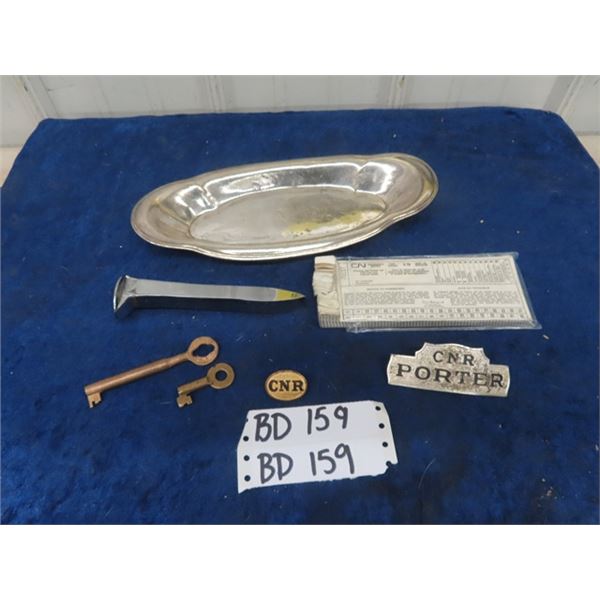 CNR Porter Cap + Uniform Badge, Switch Key,Caboose Key, Chrome CNR Stamped Rail Spike, Silverplate T