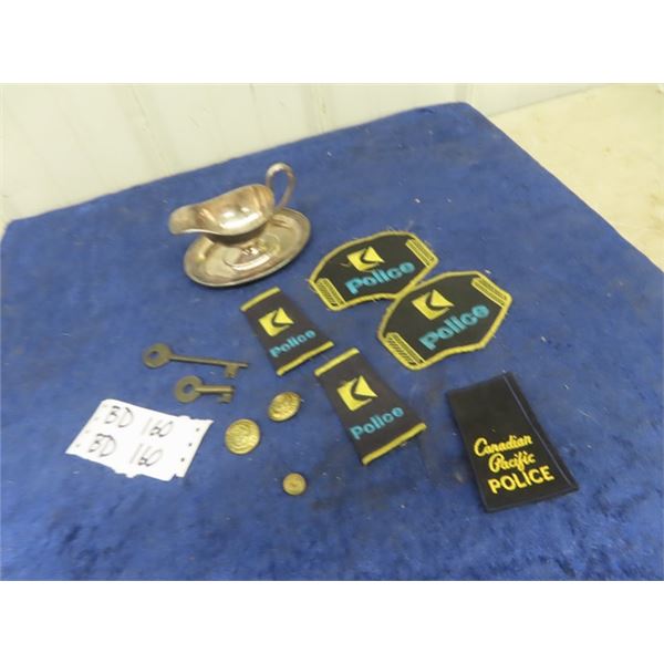 CPR Switch Key, Caboose Key, Brass Uniform Buttons CPR Police Patches, Sauce Boat