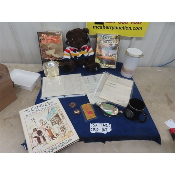 Hudsons Bay Company Fur Trade Lot; HBC Land Dept. Documents, Silver Plate Tea Caddy, HBC Gravy Boat,