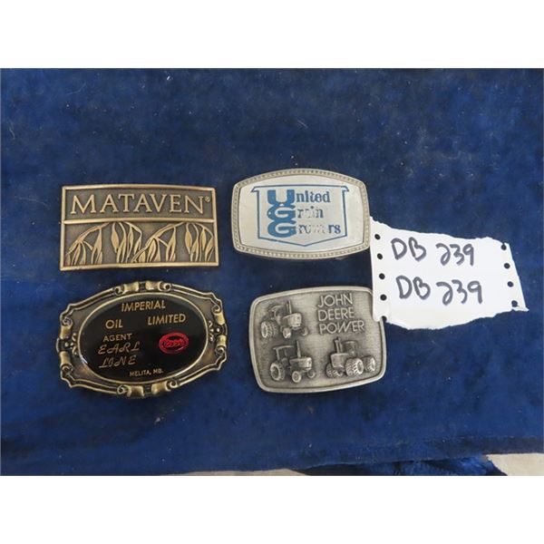 4 Belt Buckles; John Deere, Esso, UGG & Mataven
