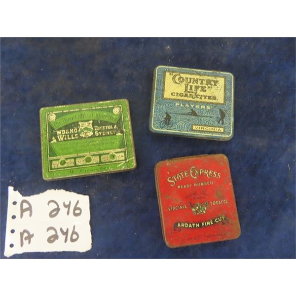 3 Cigarette Tins; 1) the Three Cattles Cigarettes 1) Players' Country Life, 1) Virginia State Expres