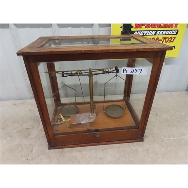 Pharmacy Scale with Glass Case & Weights in Nice Condition