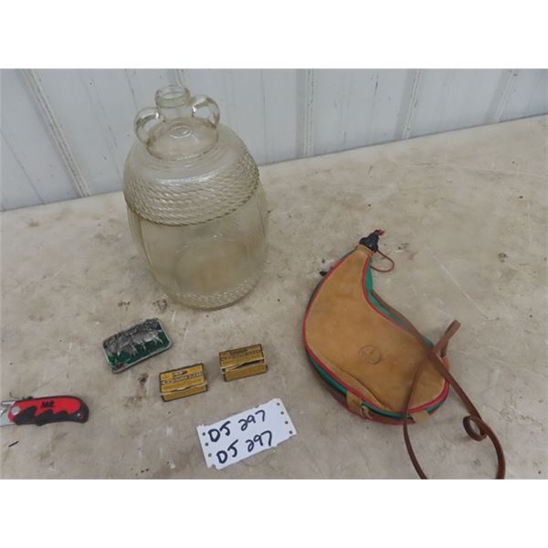 Double Handled Rope Toy, Leather Flask, 2 Vintage Shell Boxes - NO Ammo, Belt Buckle