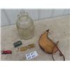 Image 1 : Double Handled Rope Toy, Leather Flask, 2 Vintage Shell Boxes - NO Ammo, Belt Buckle