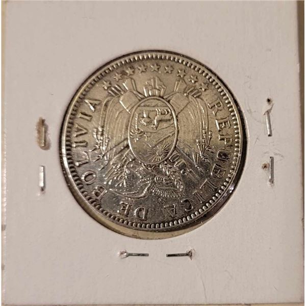 1909 H Bolivia 50 Centavo SILVER .883 % low mintage only 1,500,000 minted, Beautiful coin with excel