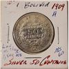 Image 2 : 1909 H Bolivia 50 Centavo SILVER .883 % low mintage only 1,500,000 minted, Beautiful coin with excel