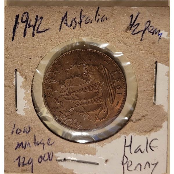 1942 Half Penny Australia W.W. II very low mintage only 220,000 minted rare year well preserved