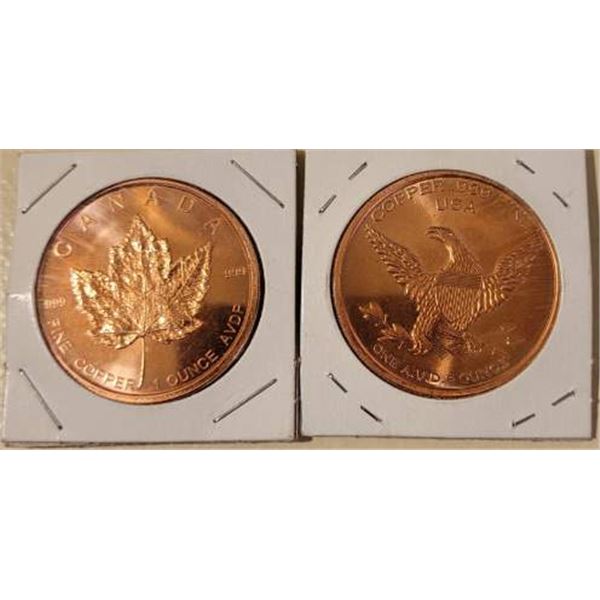 Two 999 pure Copper 1 oz rounds Canada Maple Leave and United States Eagle MS 67 Two highly collecti