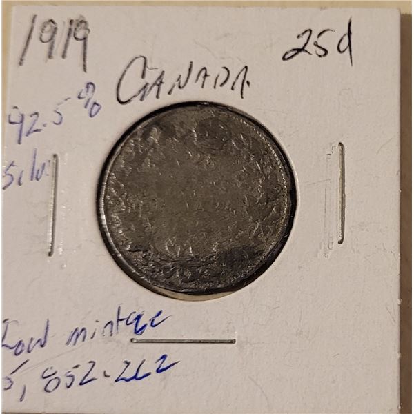 1919 25 cent SILVER 92.5 Low mintage only 5,852,222 Goes well with ITEM #15, sellers research notes;