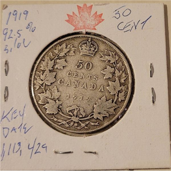 1919 50 cent SILVER 92.5 Low mintage only 1,113,429 Key Date Goes well with ITEM #14 seller research