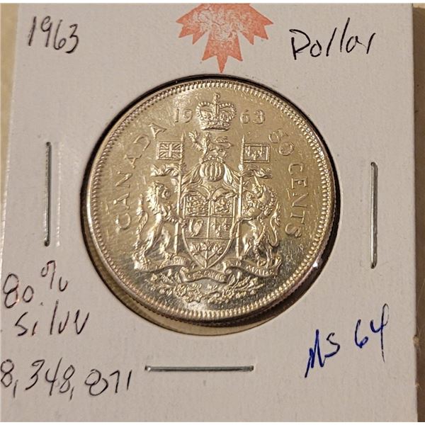 1963 SILVER 50 cent piece only 8,343,871 minted MS 64  80% SILVER sellers research notes:no longer c