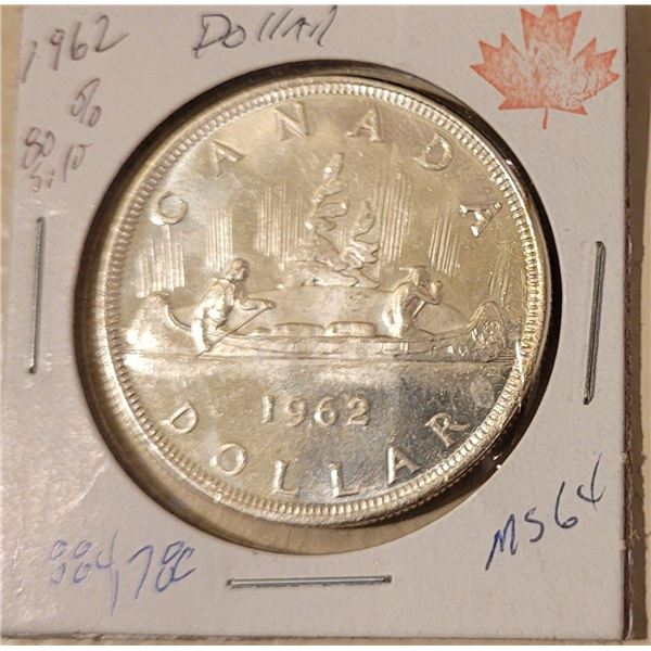 1962 SILVER DOLLAR 80% SILVER only 1,884,780 minted MS 64 sellers research notes: no longer circulat