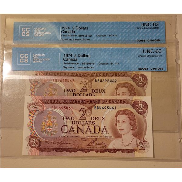 Two Sequential1974 Two Dollar Notes professionally graded by Canadian Coin Certification Services Ch