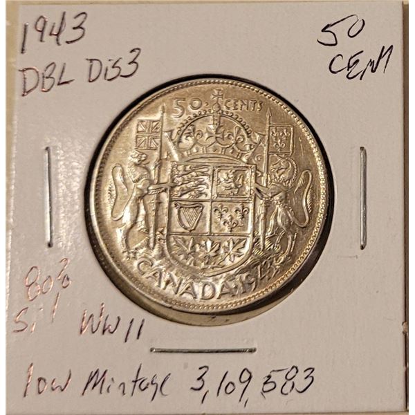 1943 DBL D33 50 cent 80% SILVER W.W. II low mintage 3,109,583 seller note;no longer circulation curr