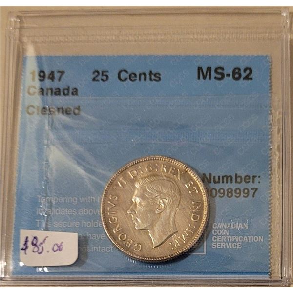 1947 25 cent SILVER MS 62 Professionally Graded by Canadian Coin Certification Services 80% SILVER o