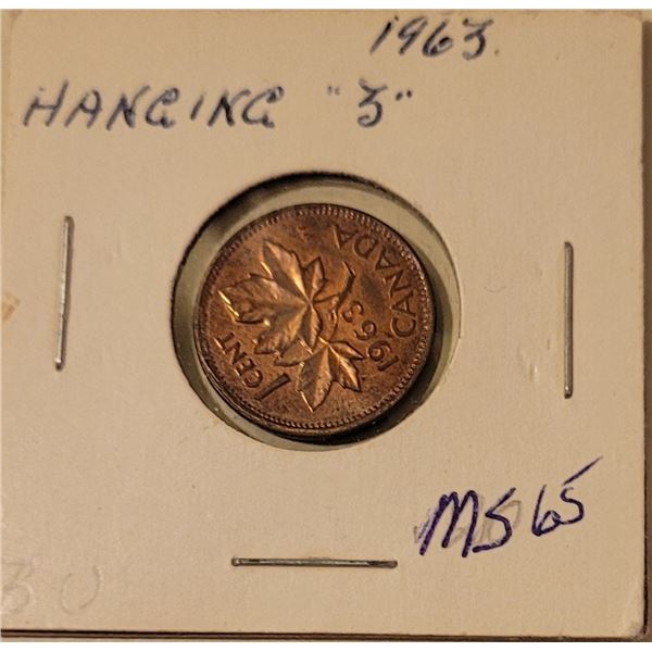 1963 Hanging 3 penny MS65 Dark Red  Rare