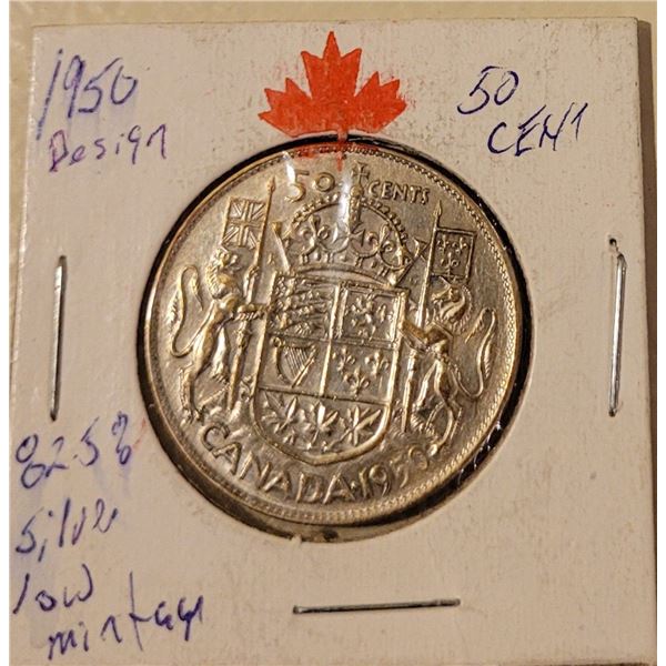1950 Design 50 cent piece 80% SILVER Low mintage quality coin great details and brightness