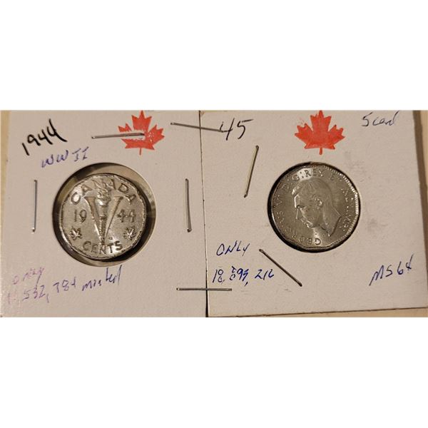 1944 & 1945 Victory nickels  MS & MS64 respectivey W.W. II, low mintage Nice pair of coins for colle