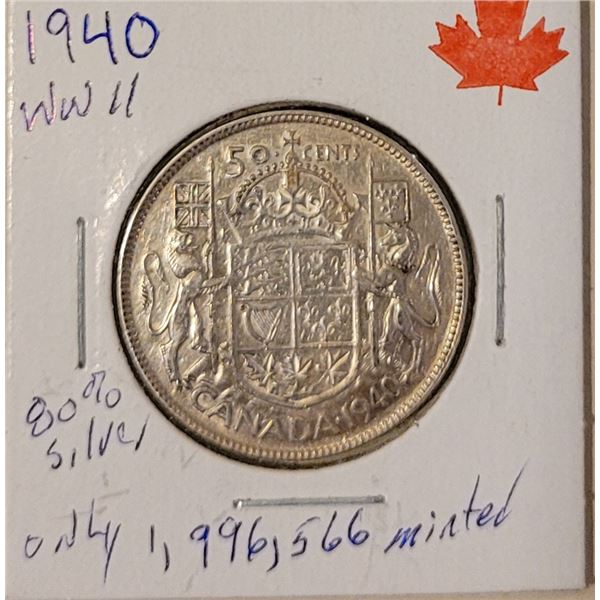 1940 50 cent piece 80% silver W.W. II Low mintage 1,996,566
