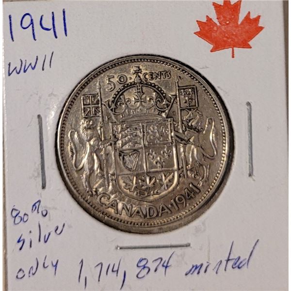 1941 50 cent piece 80% silver W.W. II Low mintage 1,996,566