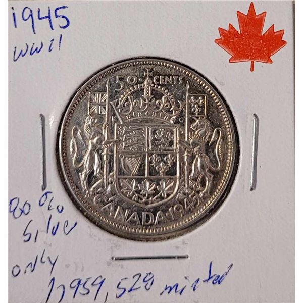 1945 50 cent piece 80% silver W.W. II Low mintage 1,959,524