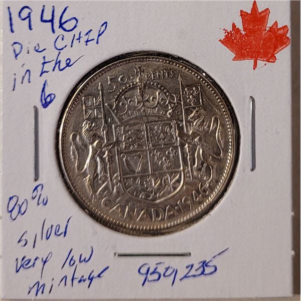 1946 50 cent piece Die Chip in 6 80% silver Low mintage 959,235
