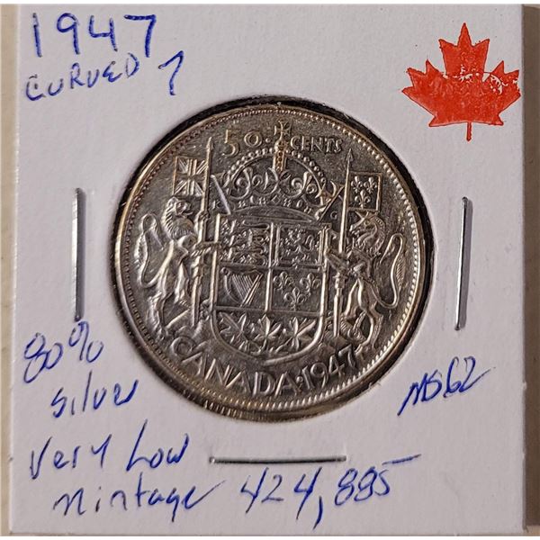 1947 50 cent piece Curved 7  80% silver very Low mintage 424,885
