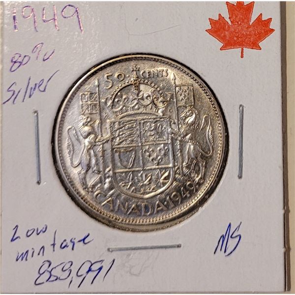1949 50 cent piece 80% silver Low mintage 858,991