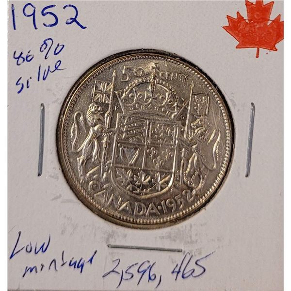 1952 50 cent piece  80% silverLow mintage 2,596,465