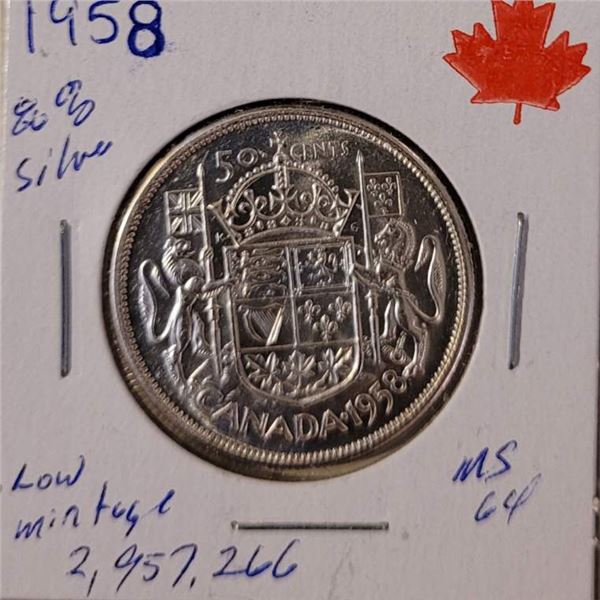 1958 50 cent piece  80% silver W.W. II Low mintage 2,957,266 MS64