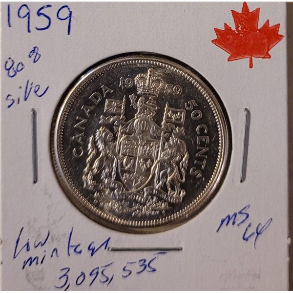 1959 50 cent piece  80% silver Low mintage 3,095,535 MS64