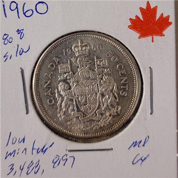 1960 50 cent piece  80% silver Low mintage 3,488,897 MS64