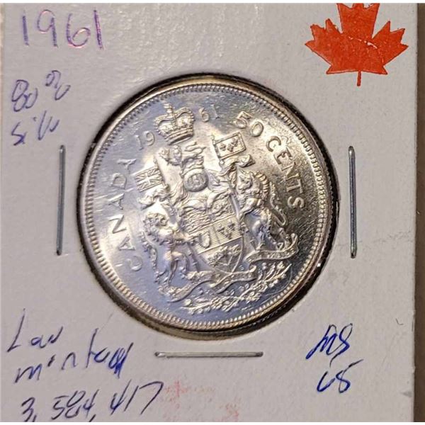 1961 50 cent piece  80% silver Low mintage 3,584,417  MS65