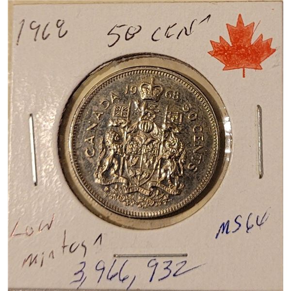 1968 50 cent piece Low mintage 3,966,932  MS 64