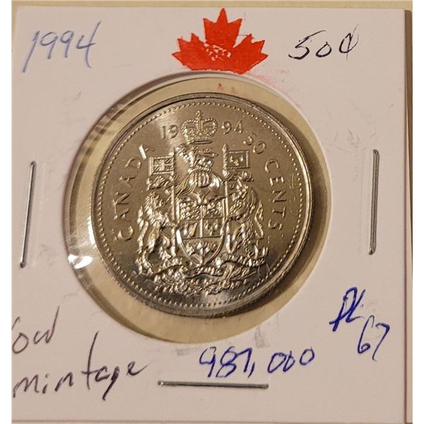 1994 50 cent piece Low mintage 987,000 PL 67