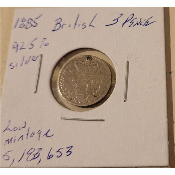 1885 British 3 Pence 92.5% Silver low Mintage 5,183,653 Queen Victoria