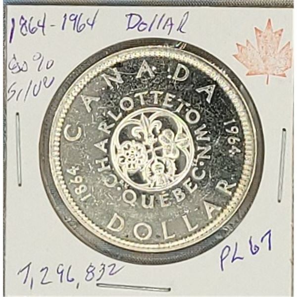 1864-1964 Commemorative Charlottetown Quebec Dollar low mintage 7,296,832 PL 67  80% Silver