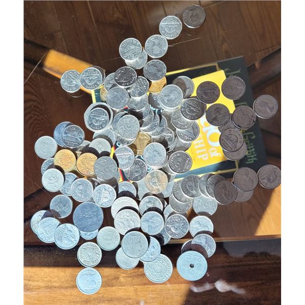 Plastic bag containing over 100 Canadian & foreign coins, large number of early 1900"s Canadian nick