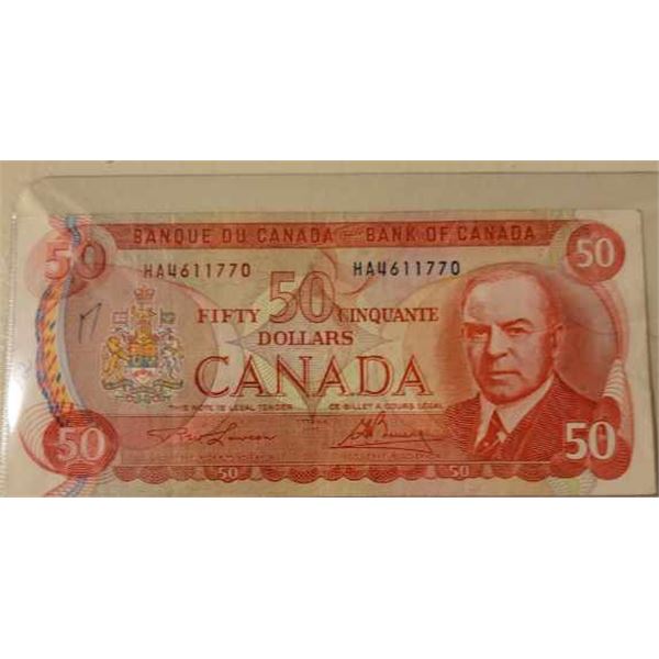 1975 $50.00 Note HA4611770 Lawson Bouey features Royal Canadian Mounted Police Musical Ride