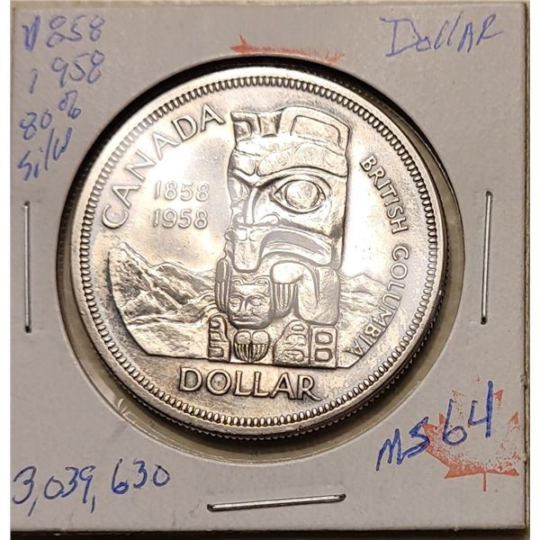 1858-1958 British Columbia Silver Dollar MS 64 80% Silver