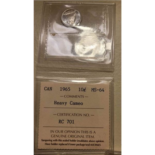 1965 10 cent Silver 80% Heavy Cameo Professionally graded by I.C.C.S MS 64, beautiful coin