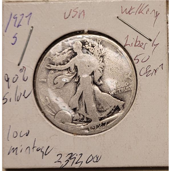 1927 S Walking Liberty 50 cent 90% Silver only 2,392.000 minted