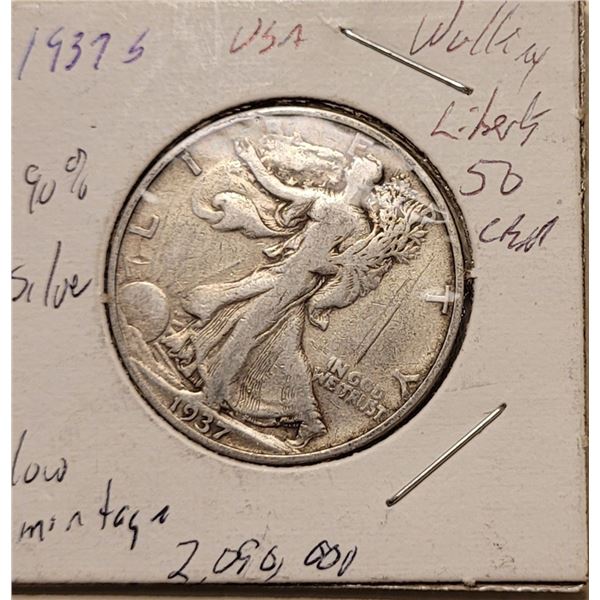 1937S Walking Liberty 50 cent 90% Silver low mintage 2,098,000