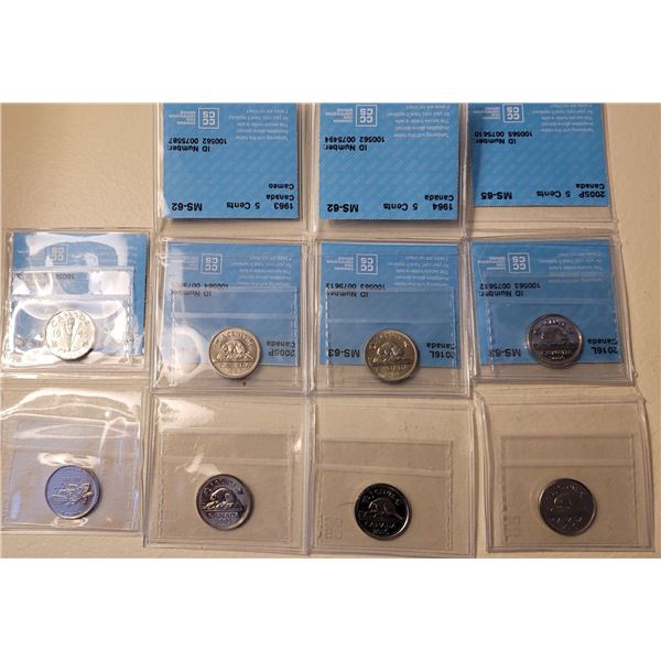 8 Nickels 1945 V in sealed plastic, 1963 Cameo Graded MS-62, 1964 Graded MS-62 2005 P Graded MS-65 2
