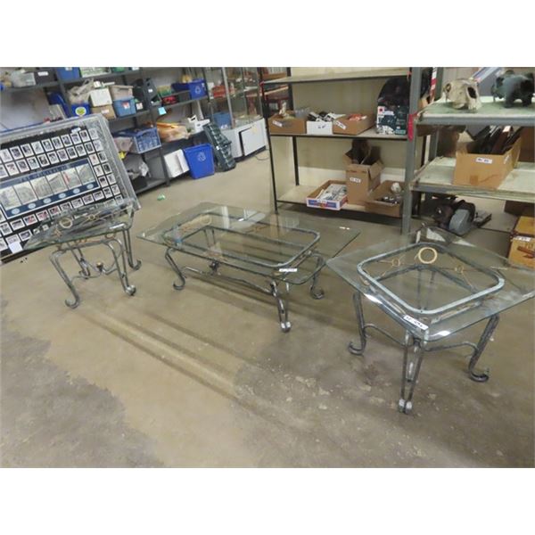 3 Pcs-  Wrought Iron Coffee Table 18"x 52"x 26" & 2 End Tables