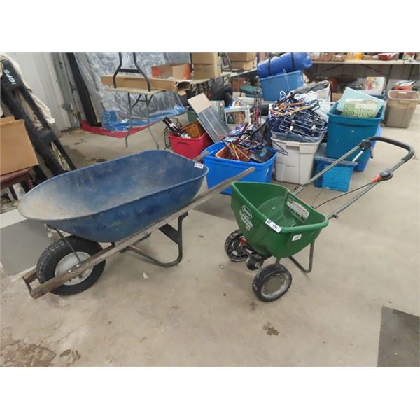 Tired Wheel Barrow & Grass Seed Broadcaster