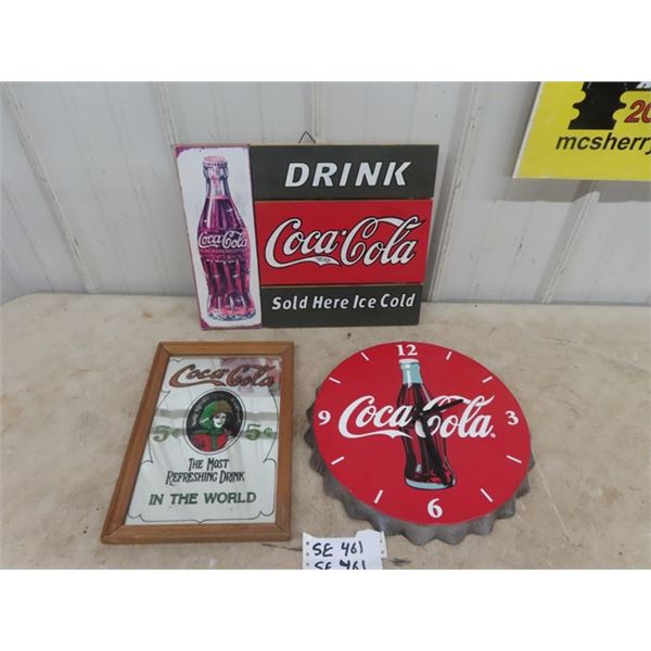 Wooden Coke Sign, Metal Wall Clock 13" Across & Mirrored Coca-Cola Display
