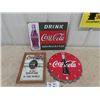 Image 1 : Wooden Coke Sign, Metal Wall Clock 13" Across & Mirrored Coca-Cola Display