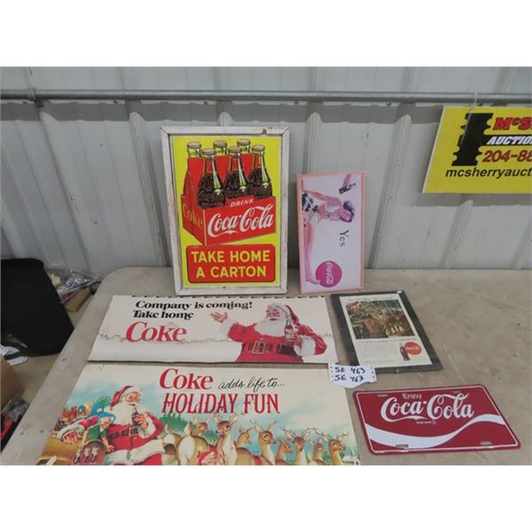 Mix of Modern + Vintage Cardboard Coca-Cola Signs incuding Coke License plus more