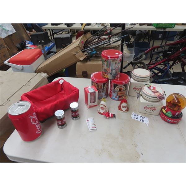 Coca-Cola Cannister, Musical Snowglobe, 3  Unopened Puzzles, Oversized Can Bank, S & P Shakers & Chr